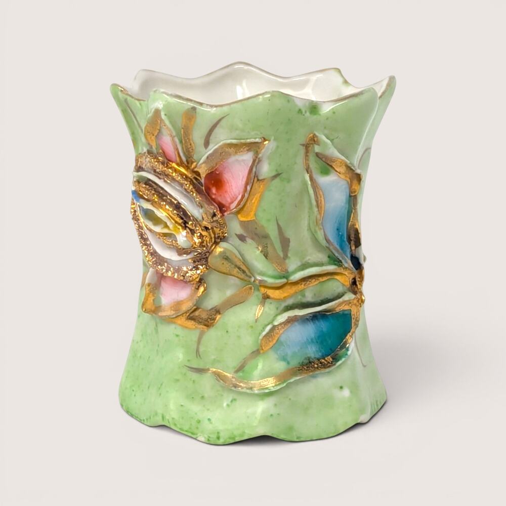 1920s Floral Ceramic Toothpick Holder Rose with Gold Accent